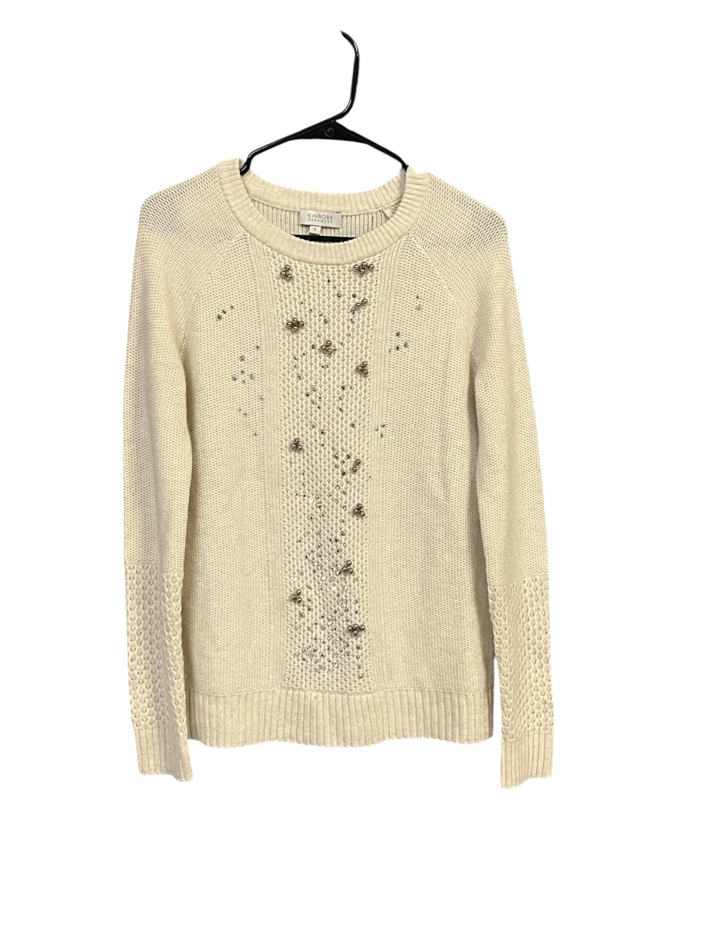 Kinross 100% Cashmere Embellished Sweater S Ivory Luxe Preppy Old Money Classic